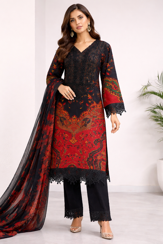 Dur-e-Fishan Black & Red Printed Cotton Suit with Lace Detail