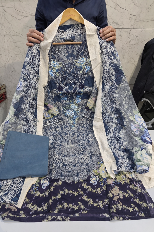 Blue Cotton Embroidered Kurti Pant Dupatta