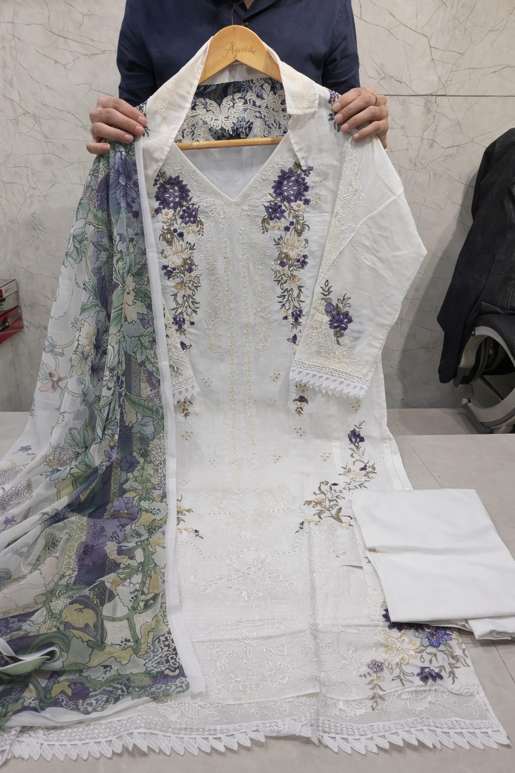 White Cotton Embroidered Kurti Pant Dupatta Set