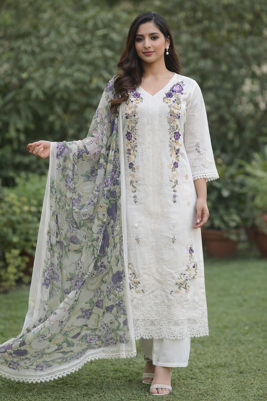 White Cotton Embroidered Kurti Pant Dupatta Set