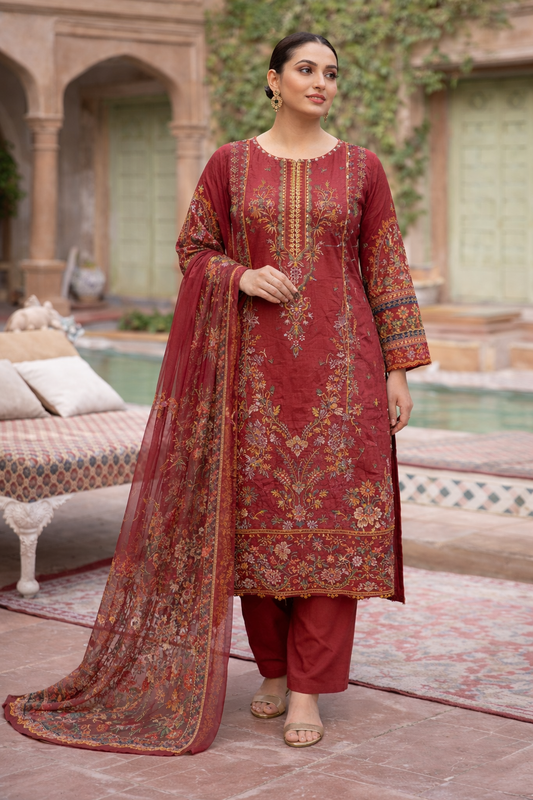 Red Embroidered Unstitched Suit Set for Women