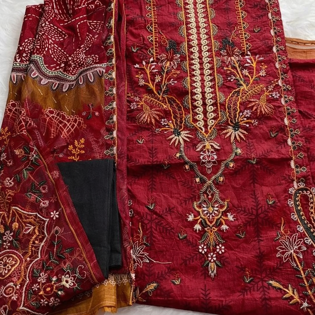 Red Embroidered Unstitched Suit Set for Women