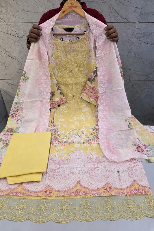 Pastel Yellow Floral Pakistani Suit with Dupatta