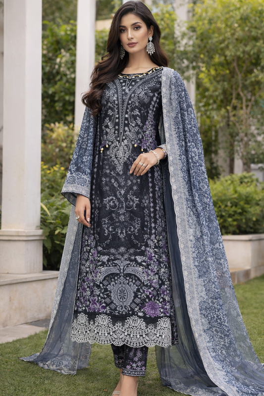 CAndi Black& Purple Pakistani Lawn Suit with Printed Dupatta