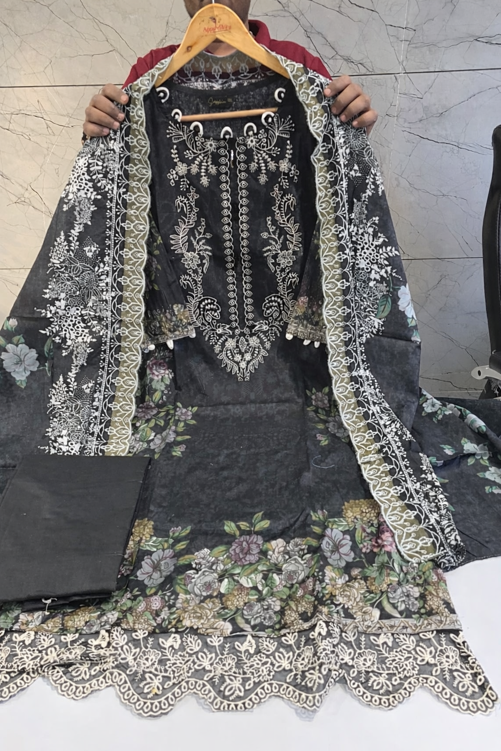 Black Cotton Pakistani Suit with Embroidery