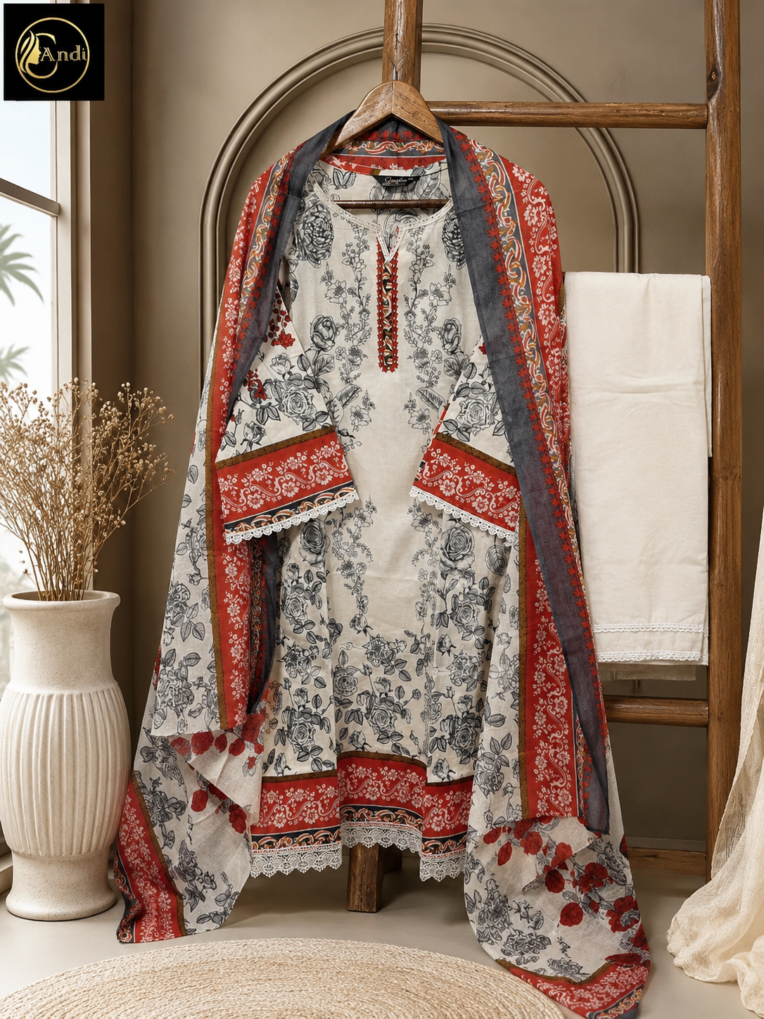 Lawn Suit Set – Cream Rust Floral