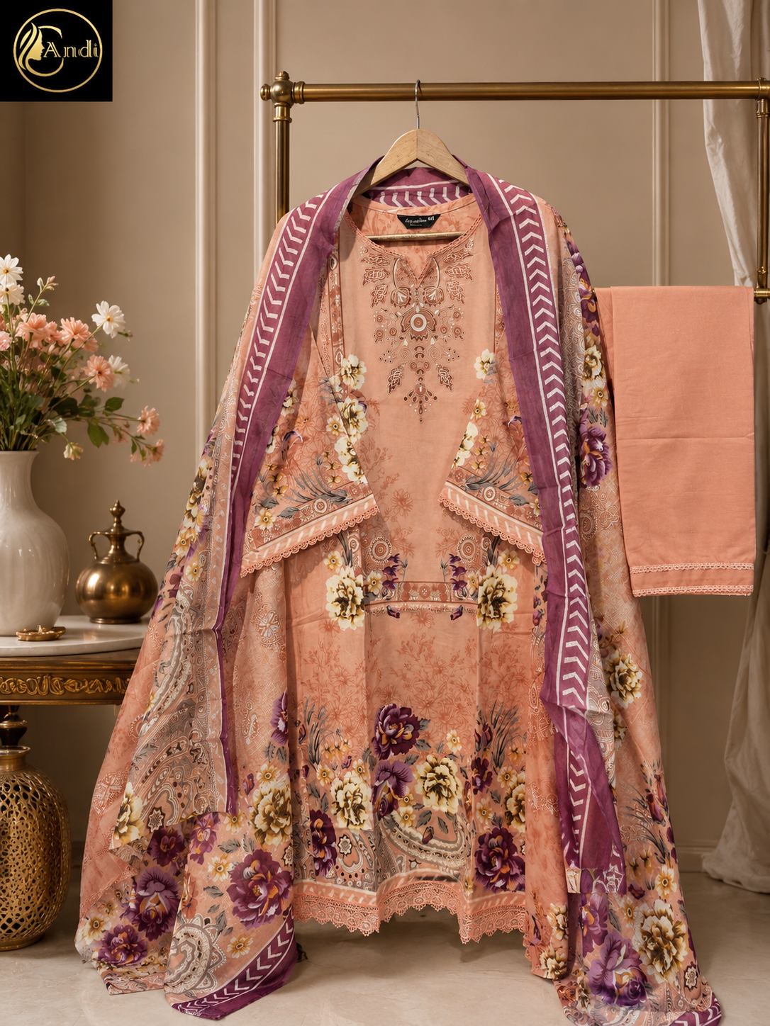 Lawn Suit Set – Peach & Plum