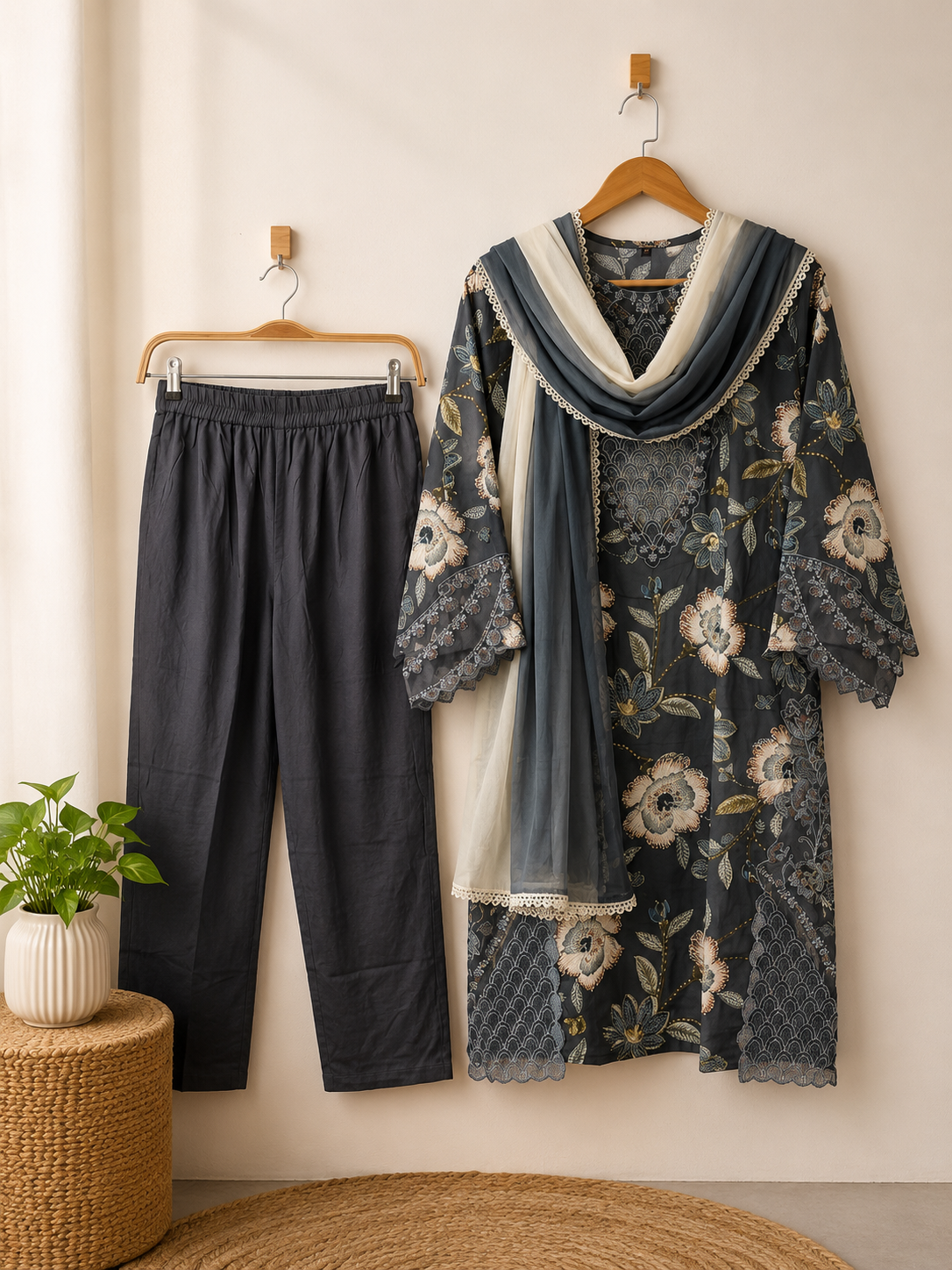 Storm Grey- Floral Cutwork Suit Set