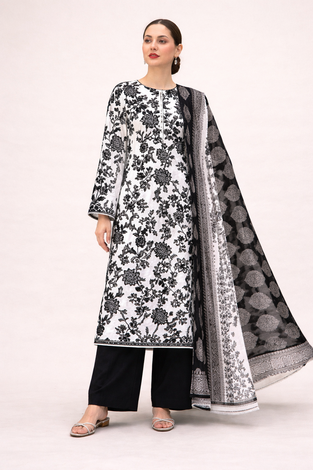 Black White Rayon Cotton Kurta Set with Dupatta
