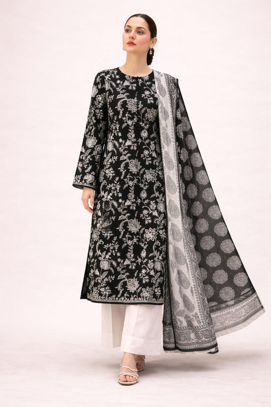 Black Rayon Cotton Embroidered Kurta Set with Dupatta
