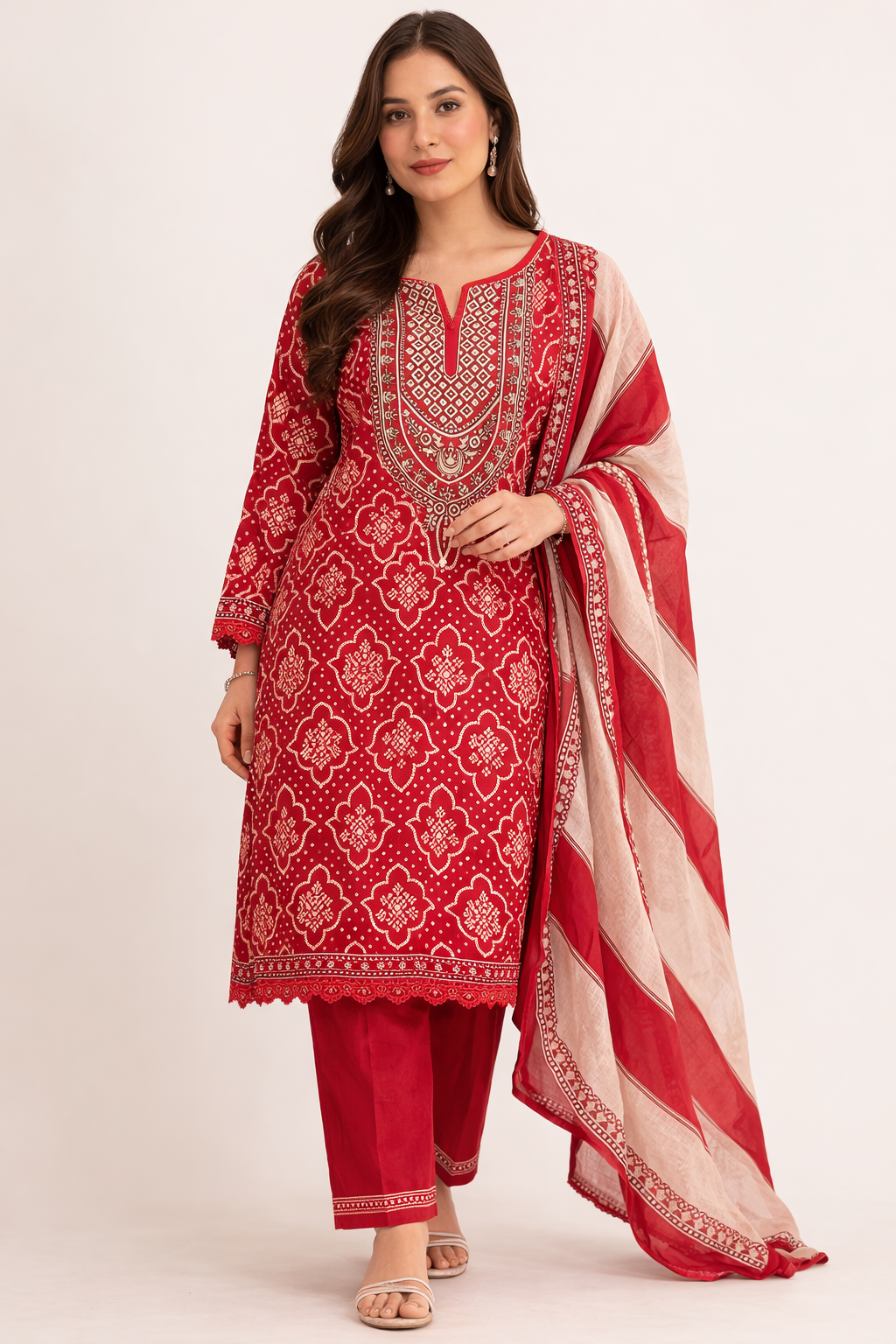 Red-allover-printed lawn kurta-set-dupatta