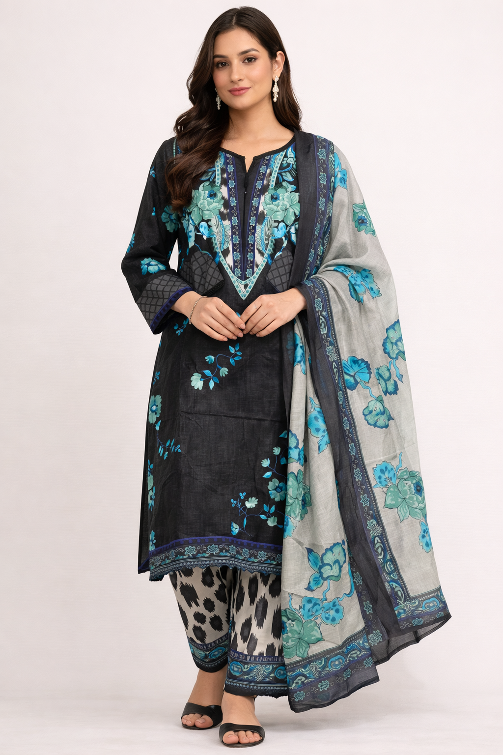Black Blue Printed lawn Kurta for Women