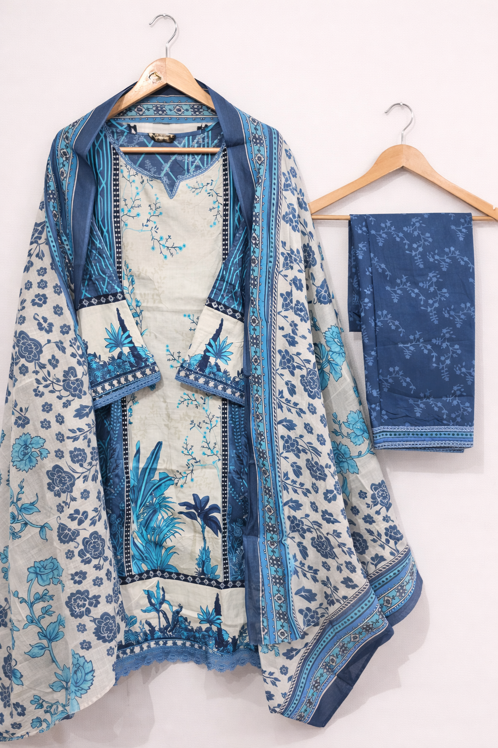 Blue Floral Printed lawn Kurta Set with Dupatta