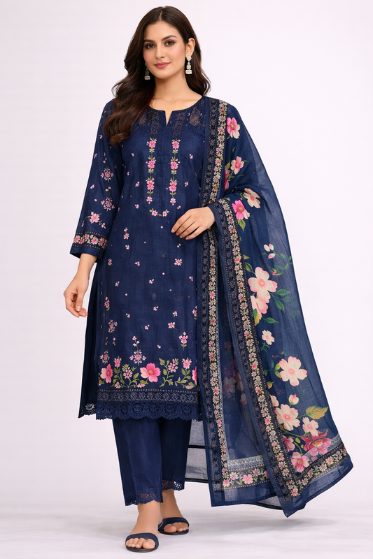 Navy Blue Embroidered Unstitched Suit with Floral Dupatta