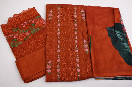 Rust Orange Embroidered Unstitched Suit Set