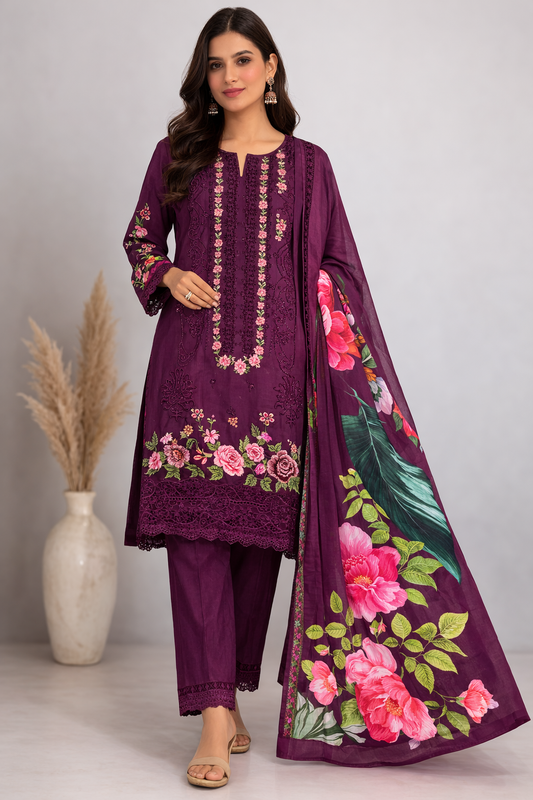 Plum Purple Embroidered Unstitched Suit Set for Women