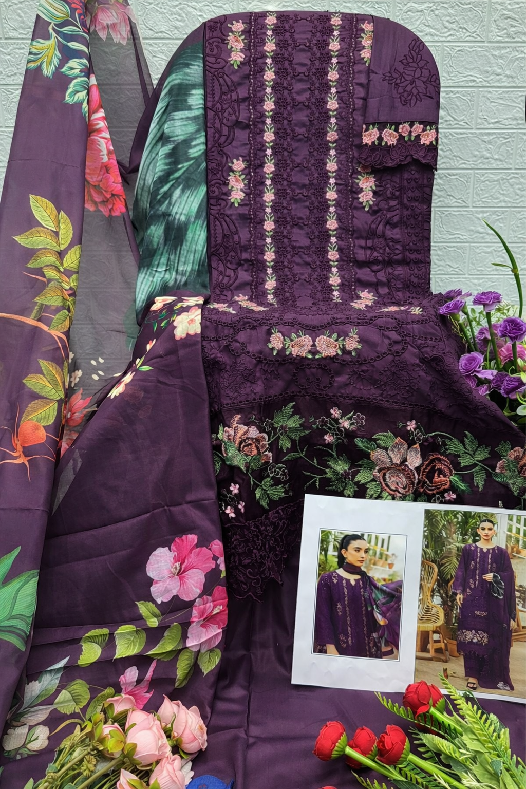 Plum Purple Embroidered Unstitched Suit Set for Women