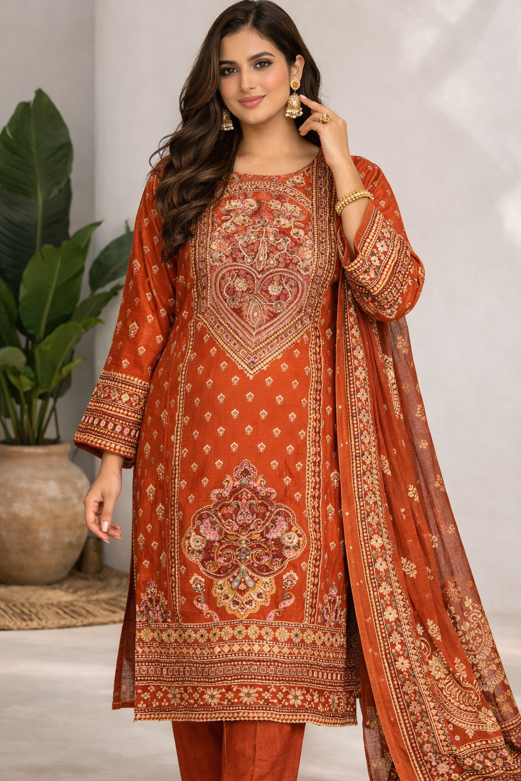 Rust Orange Premium Muslin Suit Set for Women