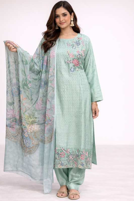 Elegant Pastel Mint Women Cotton Embroidered Kurta Set