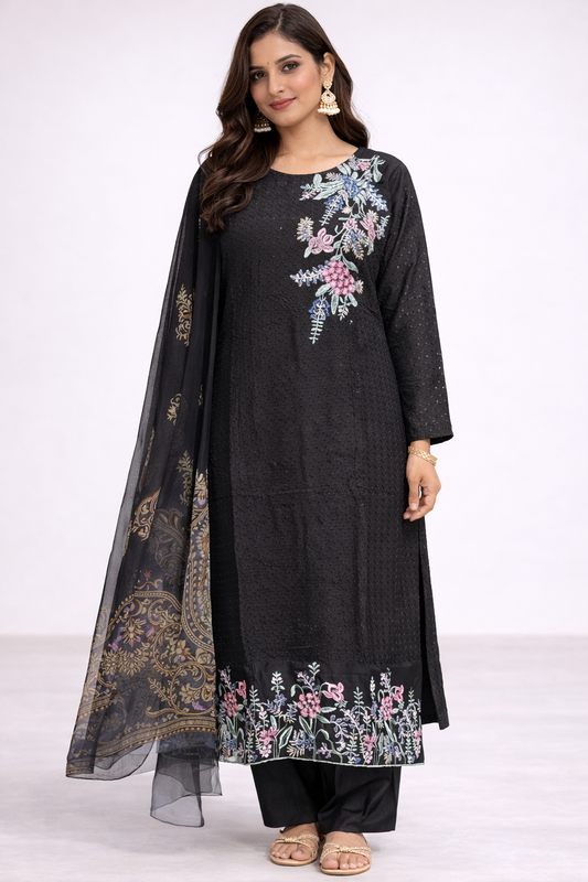 Black Cotton Embroidered Kurta Set for Women