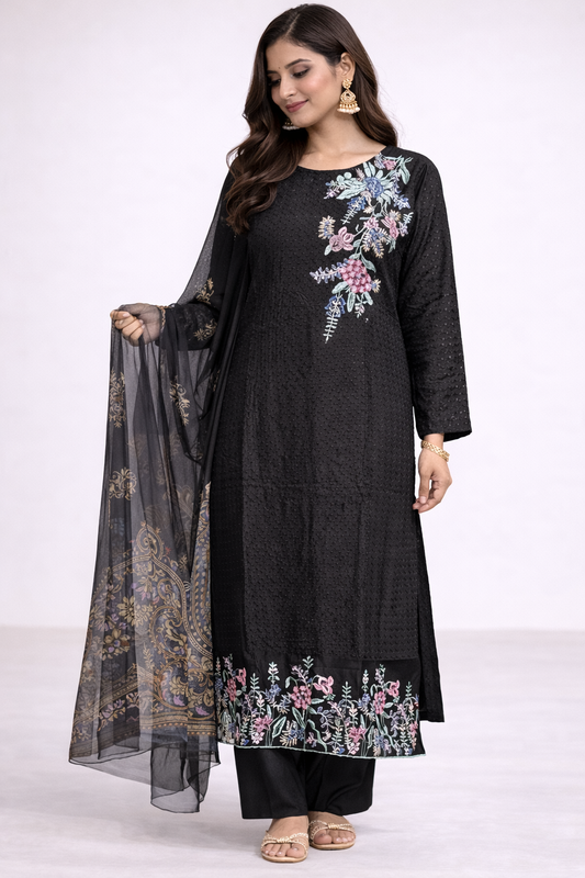 Black Cotton Embroidered Kurta Set for Women