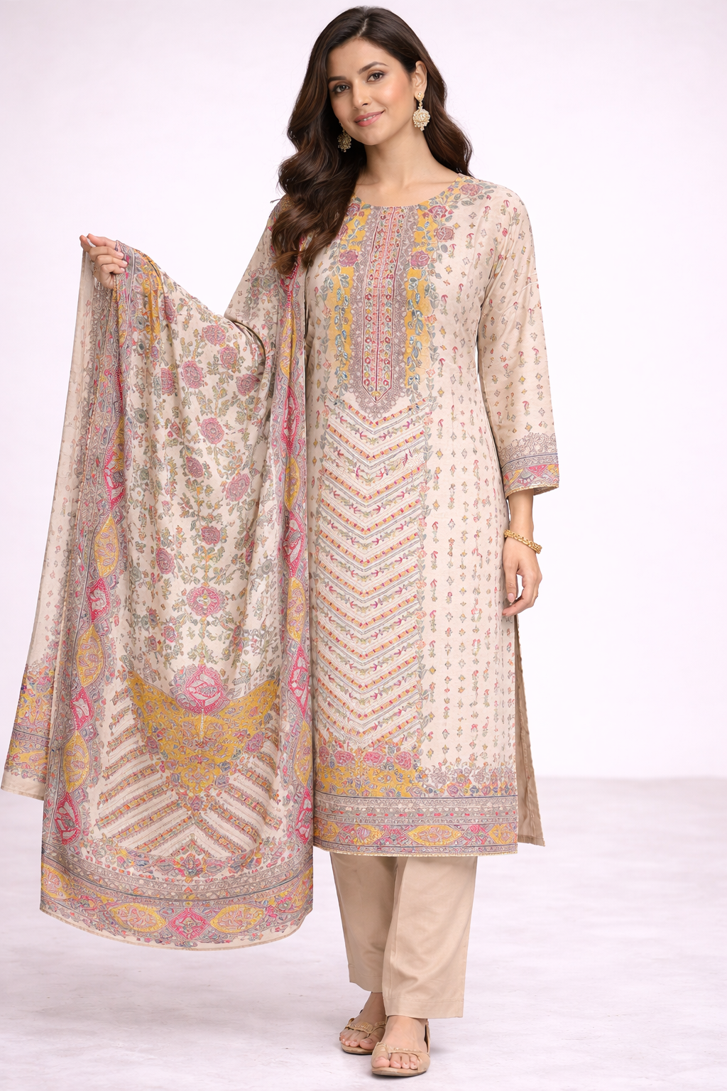 Cream Premium Muslin Printed Kurta Set with Dupatta