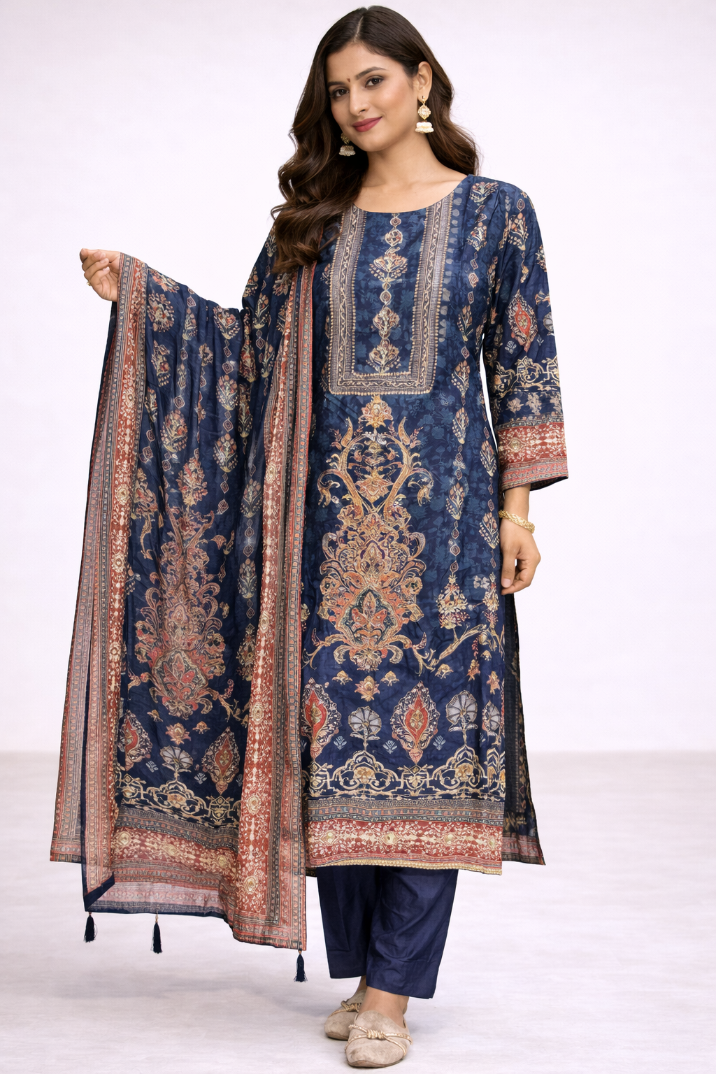 Navy Blue Ethnic Suit Premium Muslin Printed Kurta Set with Dupatta