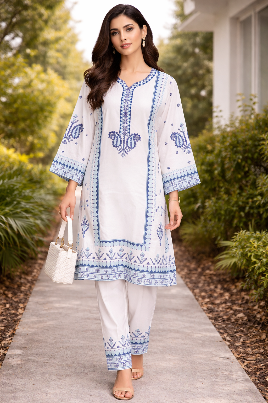 Florent Signature Embroidered Farshi Kurta Set – White Blue
