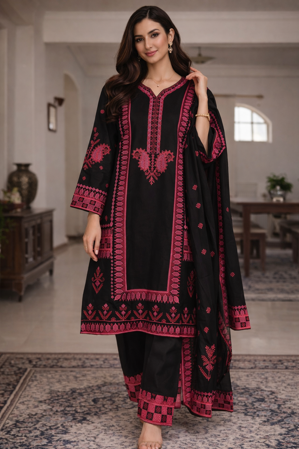 Florent Signature Embroidered Farshi Kurta Set – Black Pink