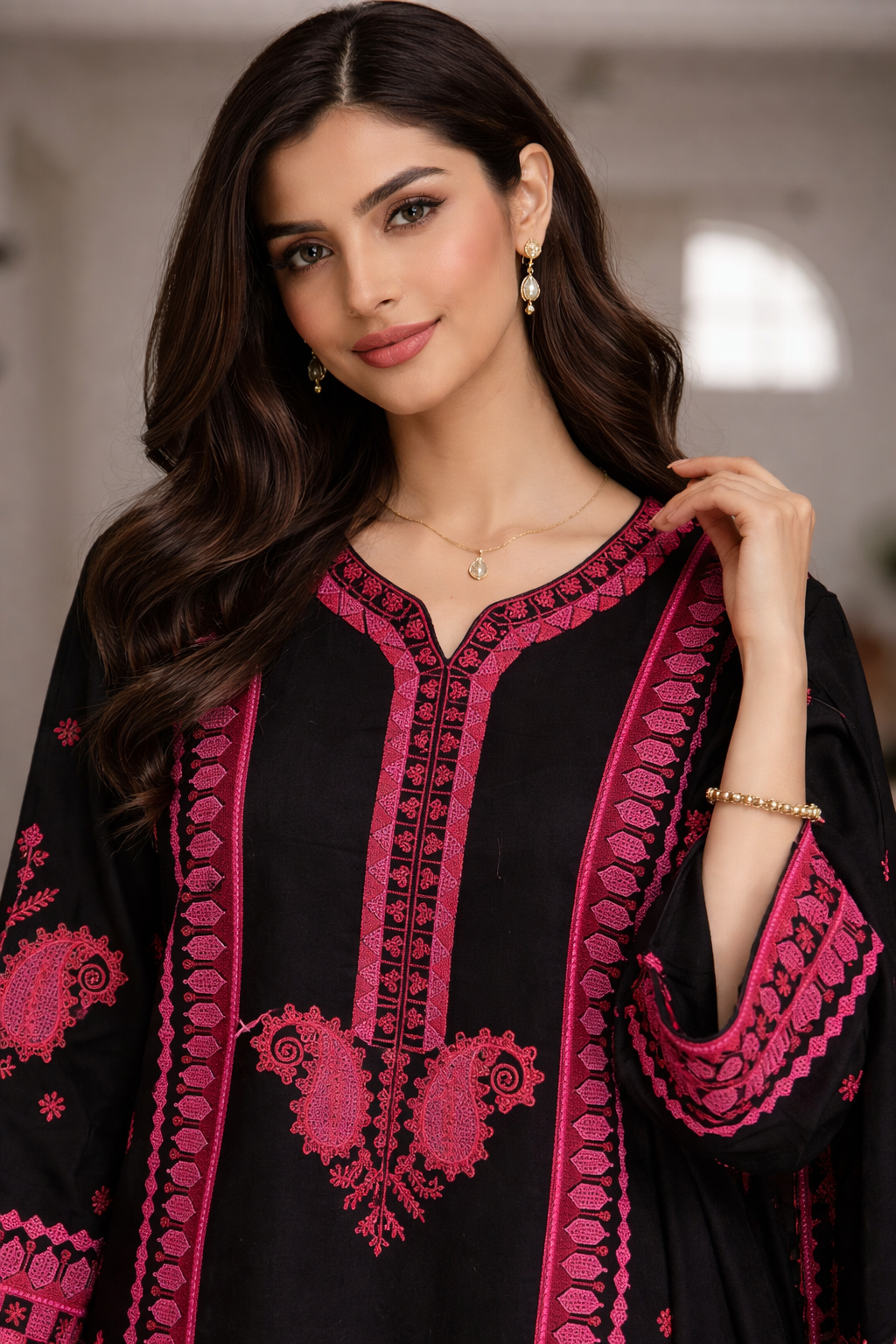 Florent Signature Embroidered Farshi Kurta Set – Black Pink