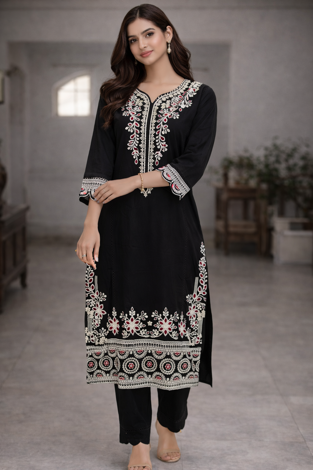 Black Embroidered Kurta Pant Set for Women