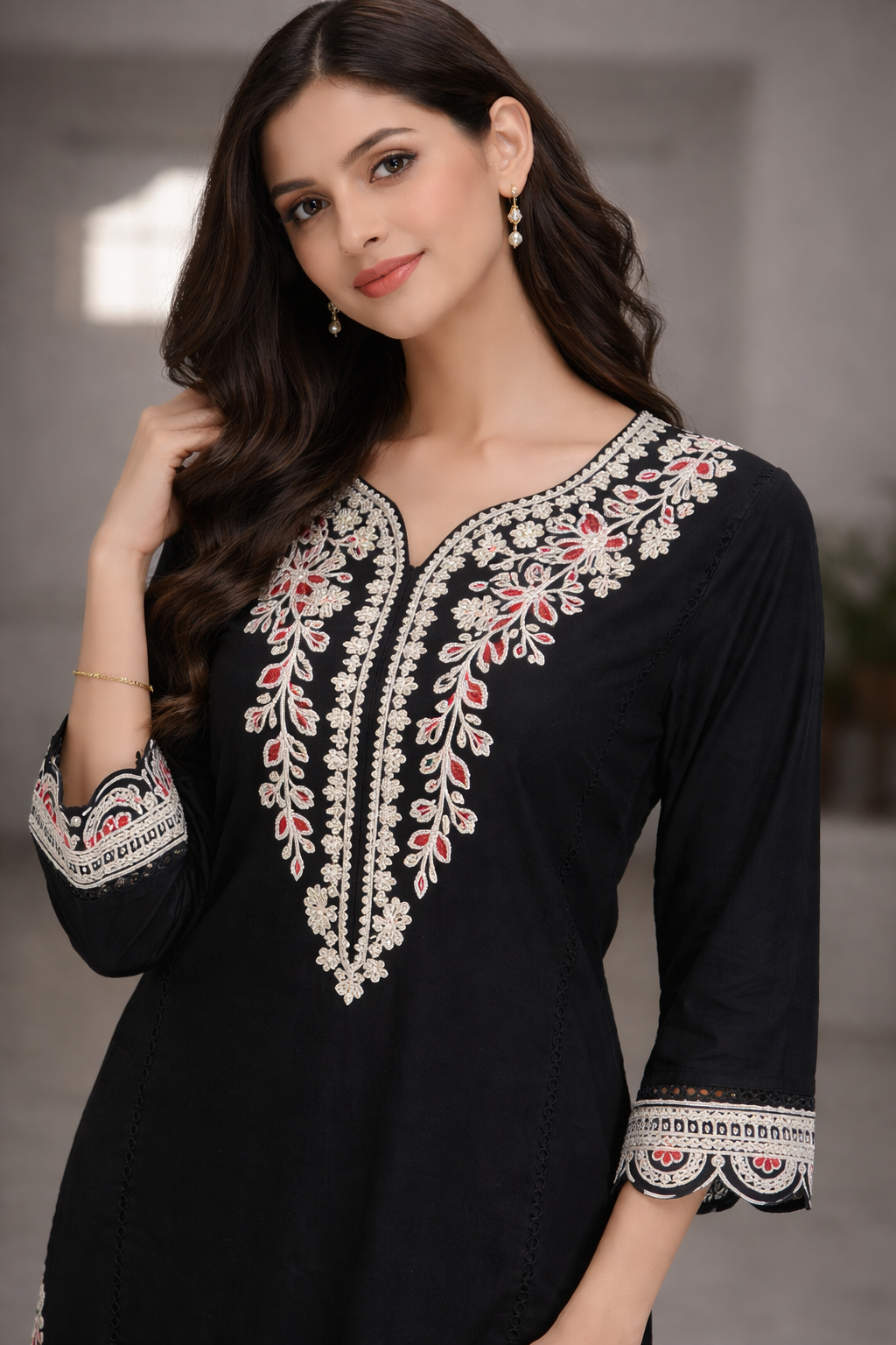 Black Embroidered Kurta Pant Set for Women