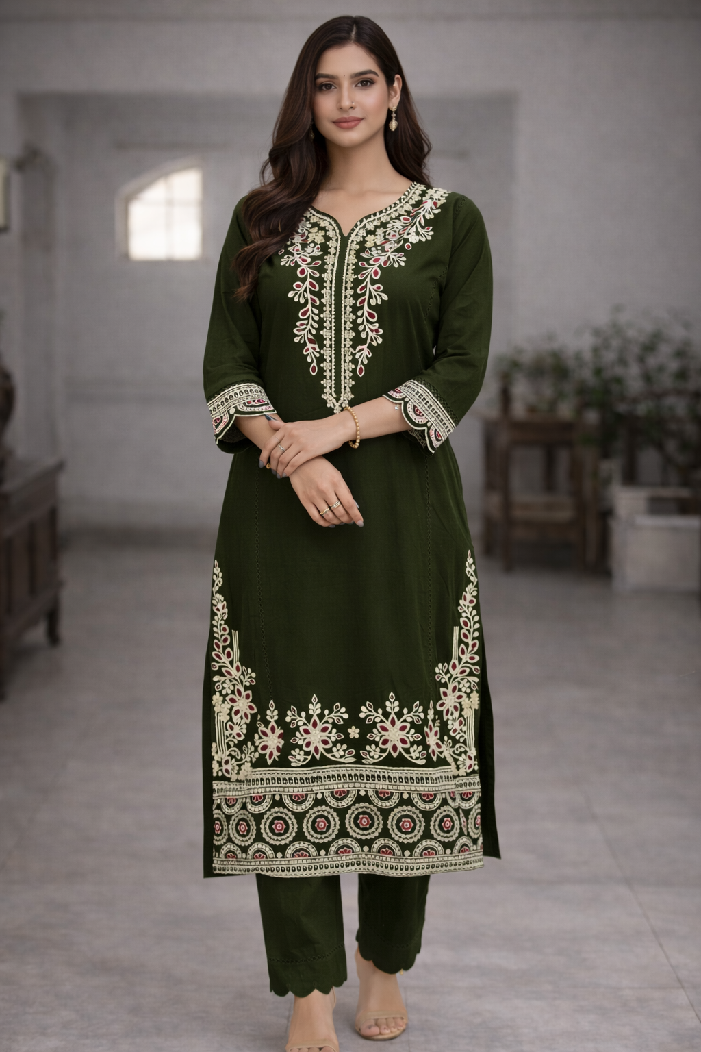 Mehendi Green Embroidered Kurta Set