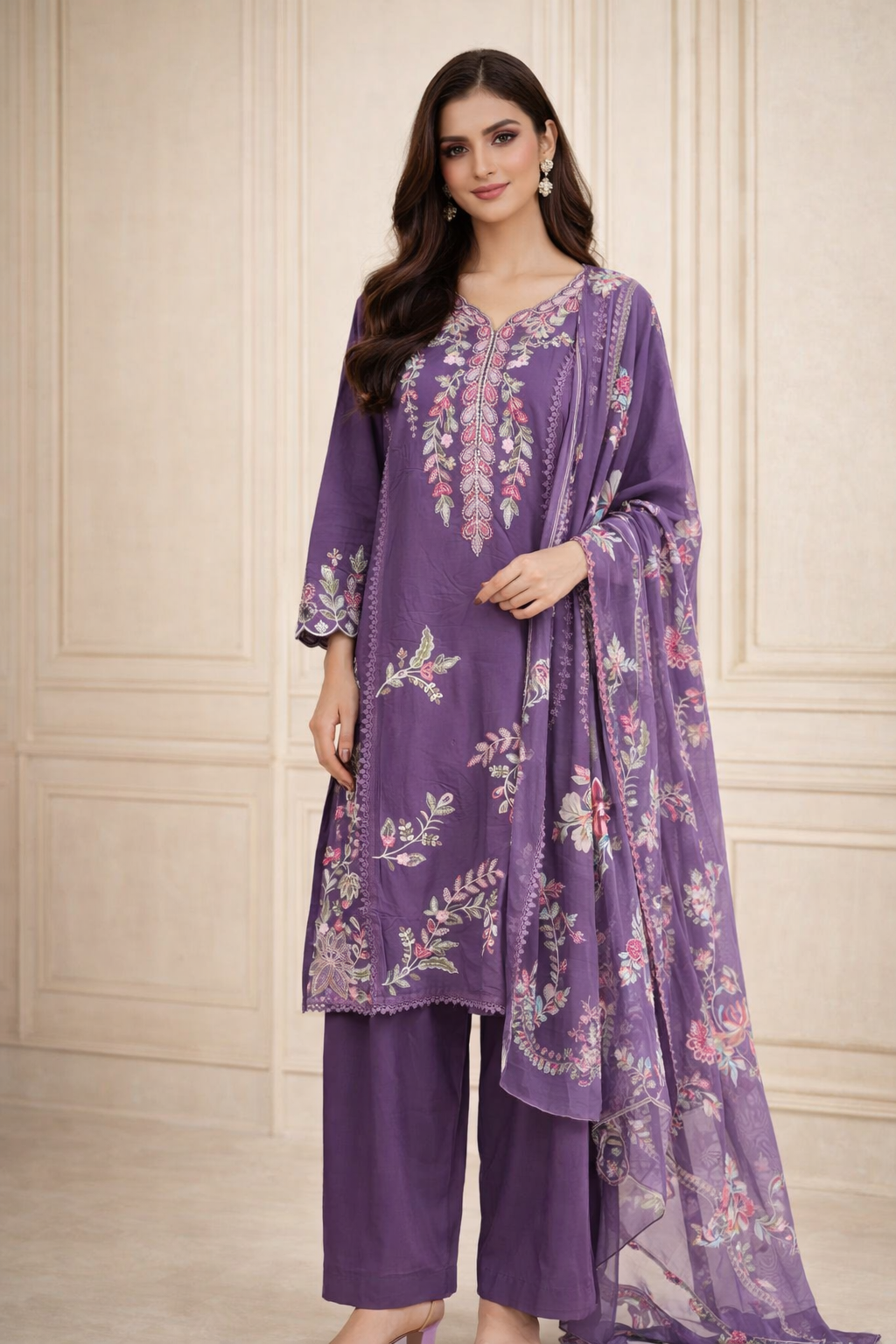 Purple Embroidered Kurti Pant Set with Dupatta