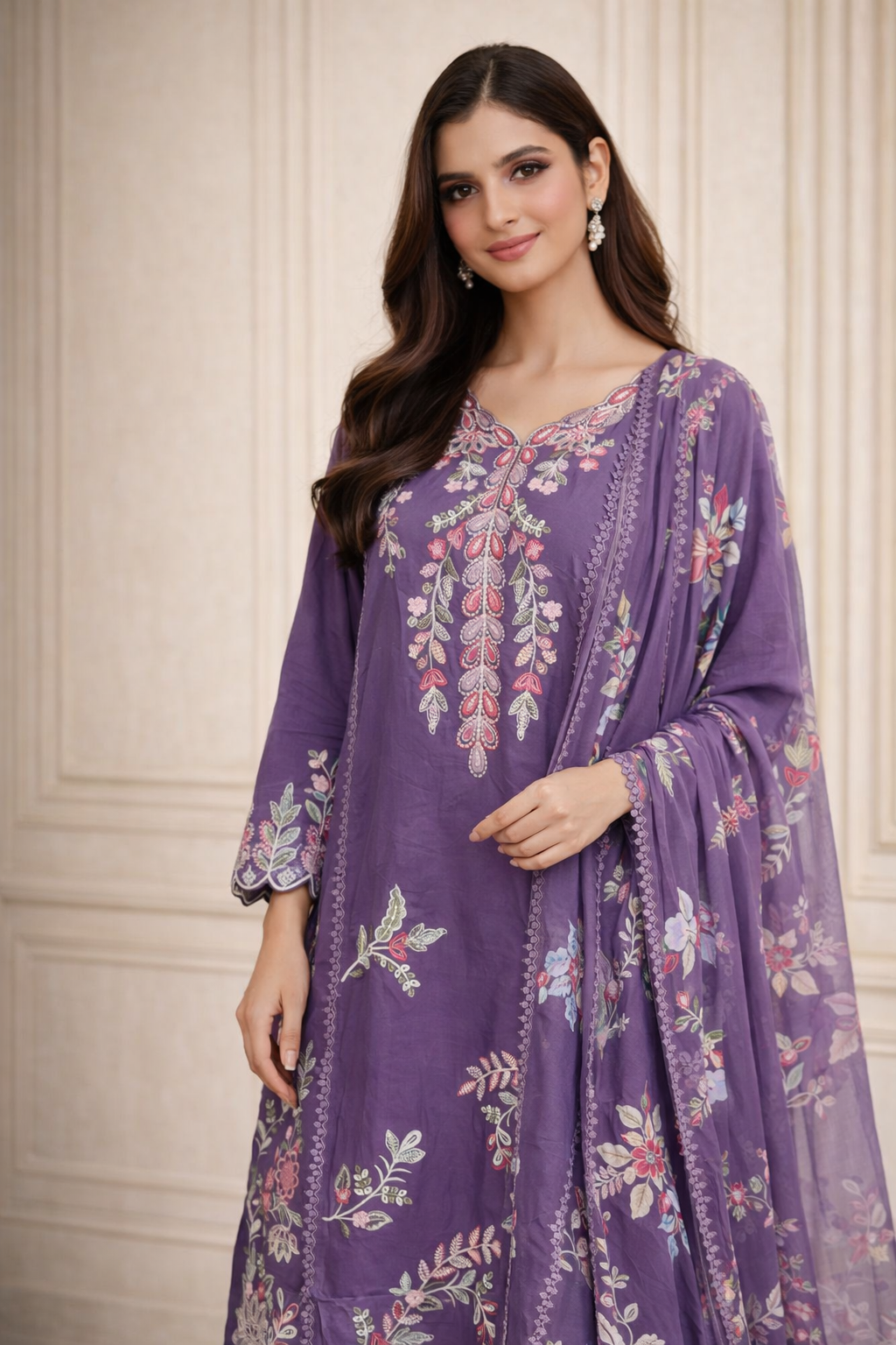 Purple Embroidered Kurti Pant Set with Dupatta