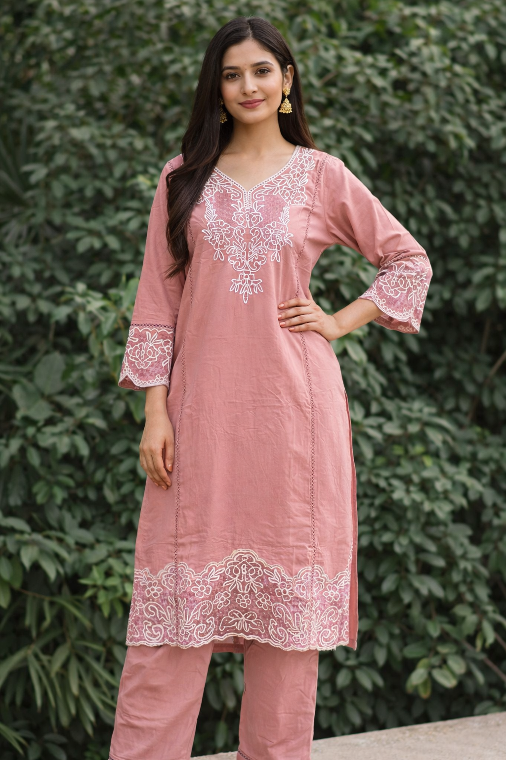 Dusty Pink Embroidered Kurti Pant Set for Women