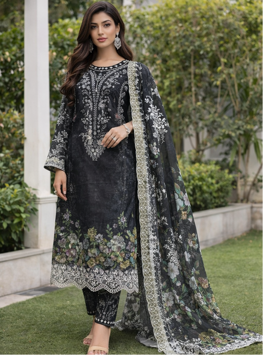 Black Cotton Pakistani Suit with Embroidery