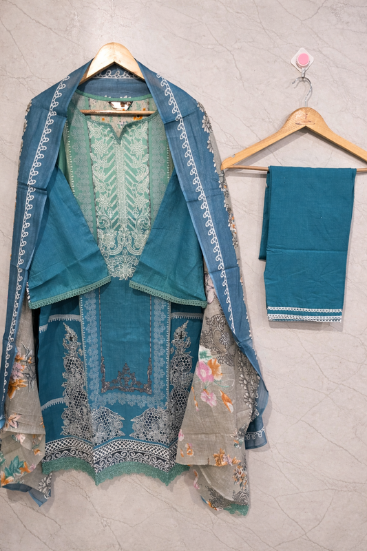 Teal Pakistani Cotton Suit Set with Dupatta