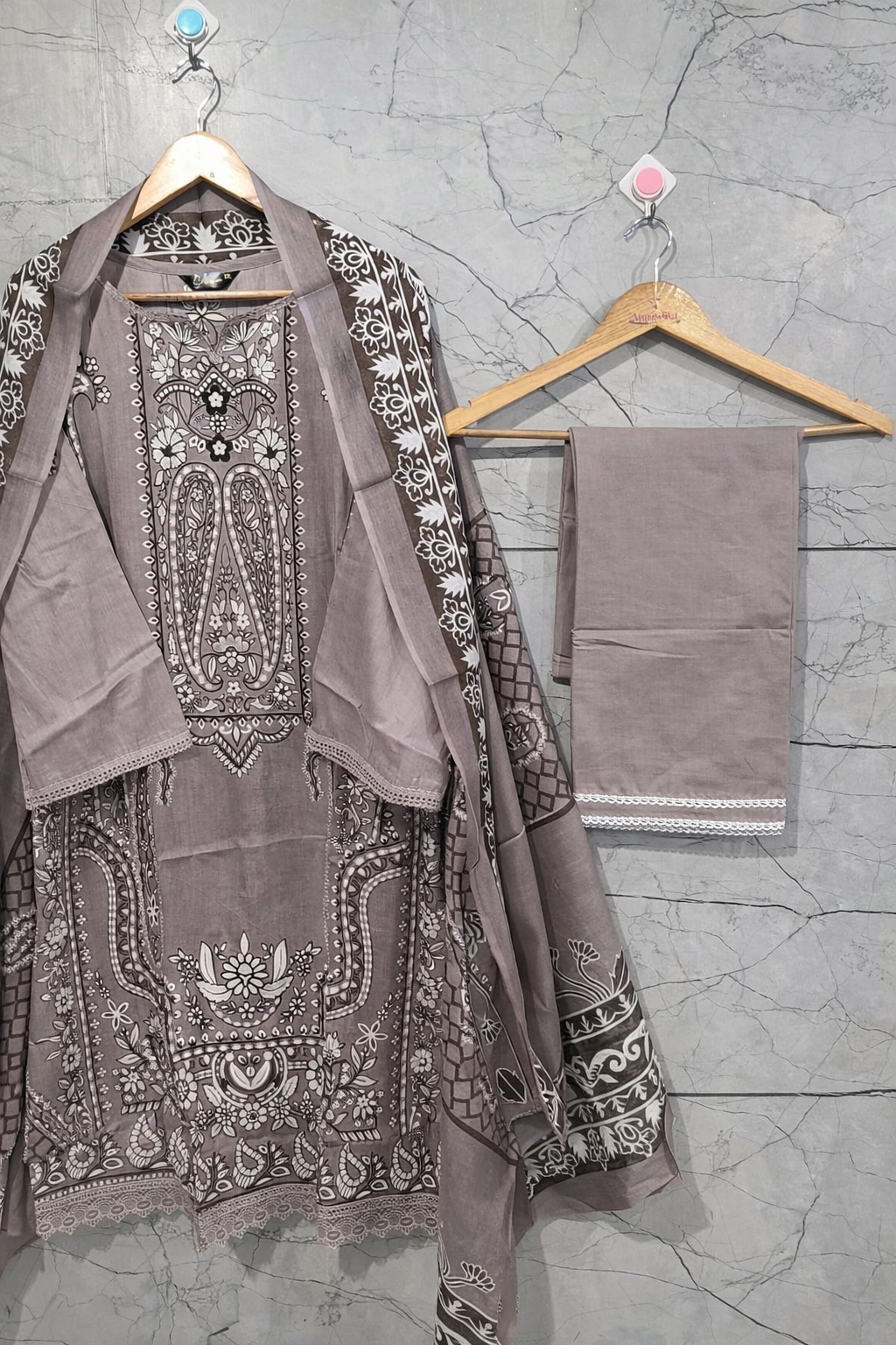 Taupe Pakistani Cotton Suit Set with Dupatta