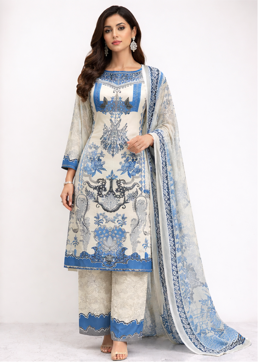 Blue Off White Satin Pakistani Suit with Printed Dupatta