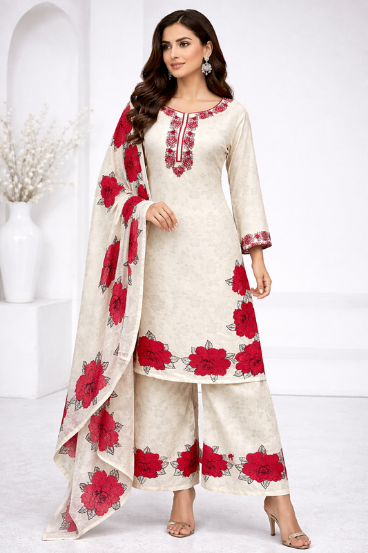 Cream Satin Floral Suit Set