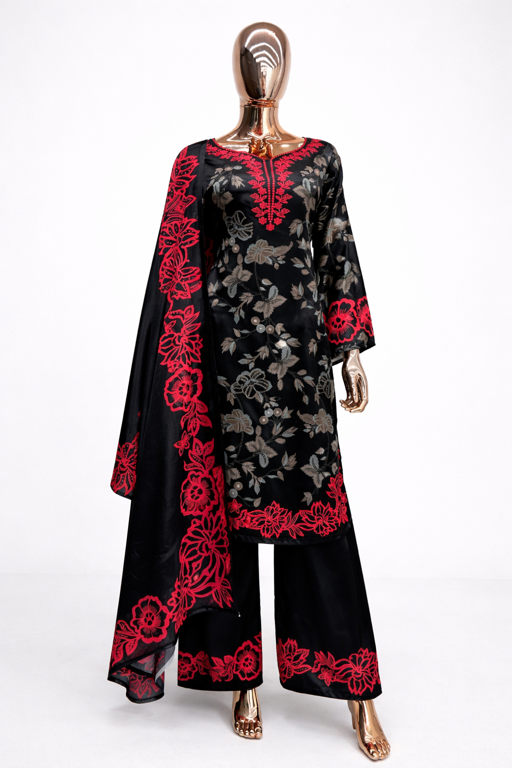 Black Satin Floral Kurti Pant Dupatta Set