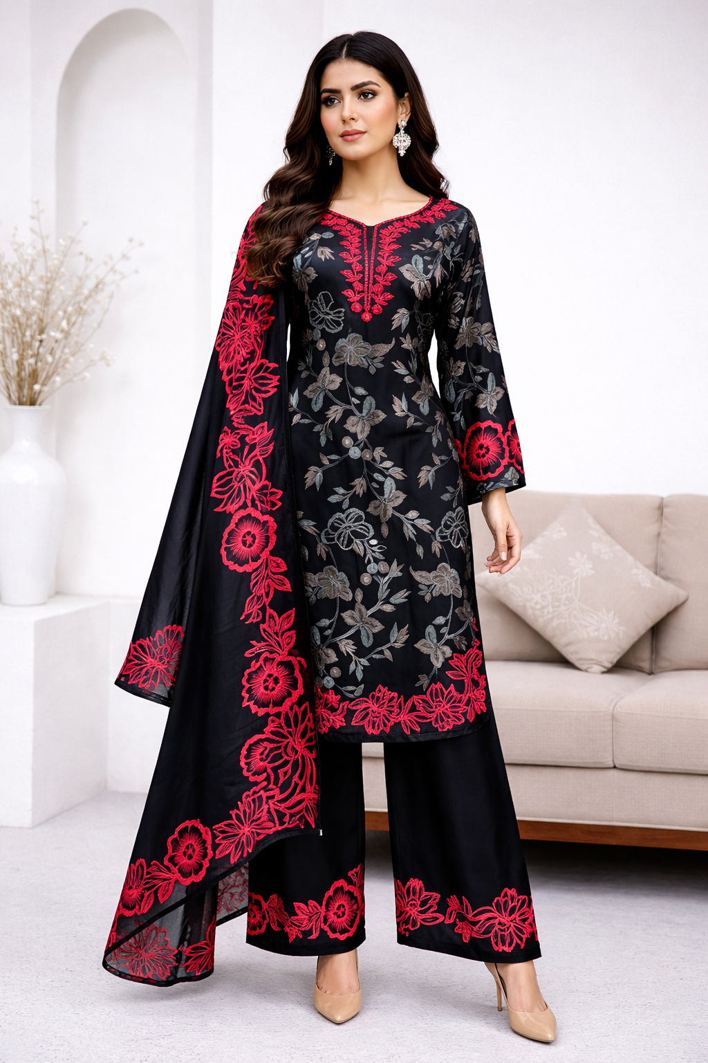 Black Satin Floral Kurti Pant Dupatta Set