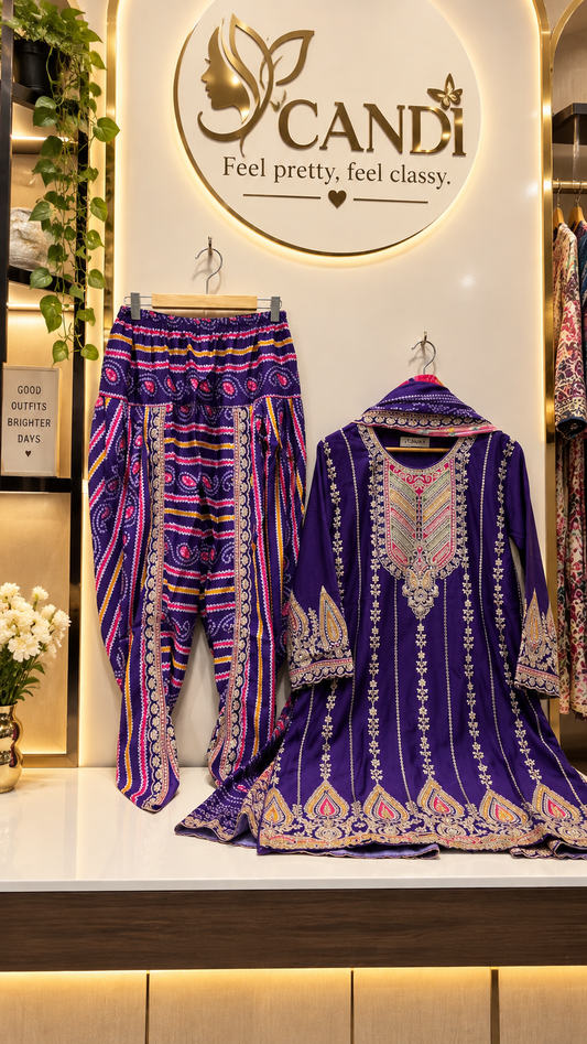Royal Purple Heavy Embroidered Dhoti Kurti Set