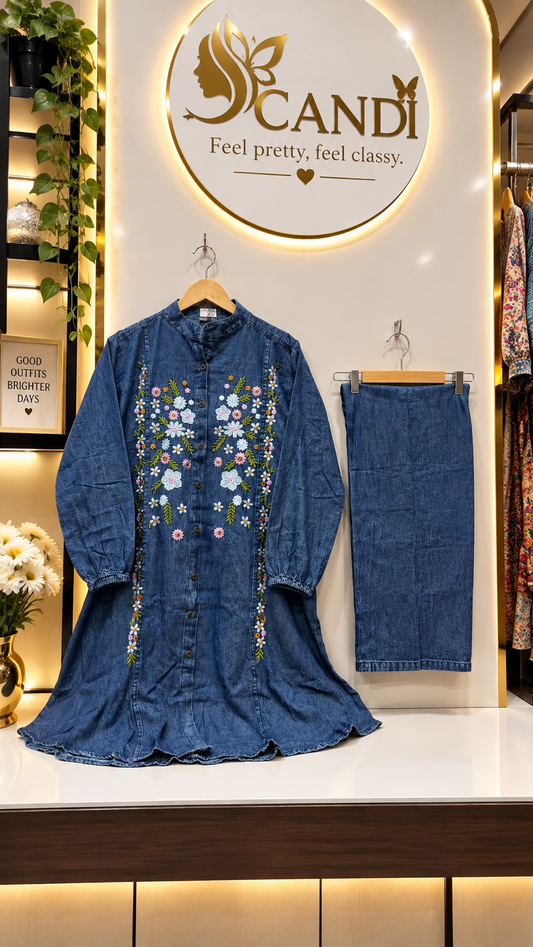 Blue Floral Embroidery Denim Co-Ord Set