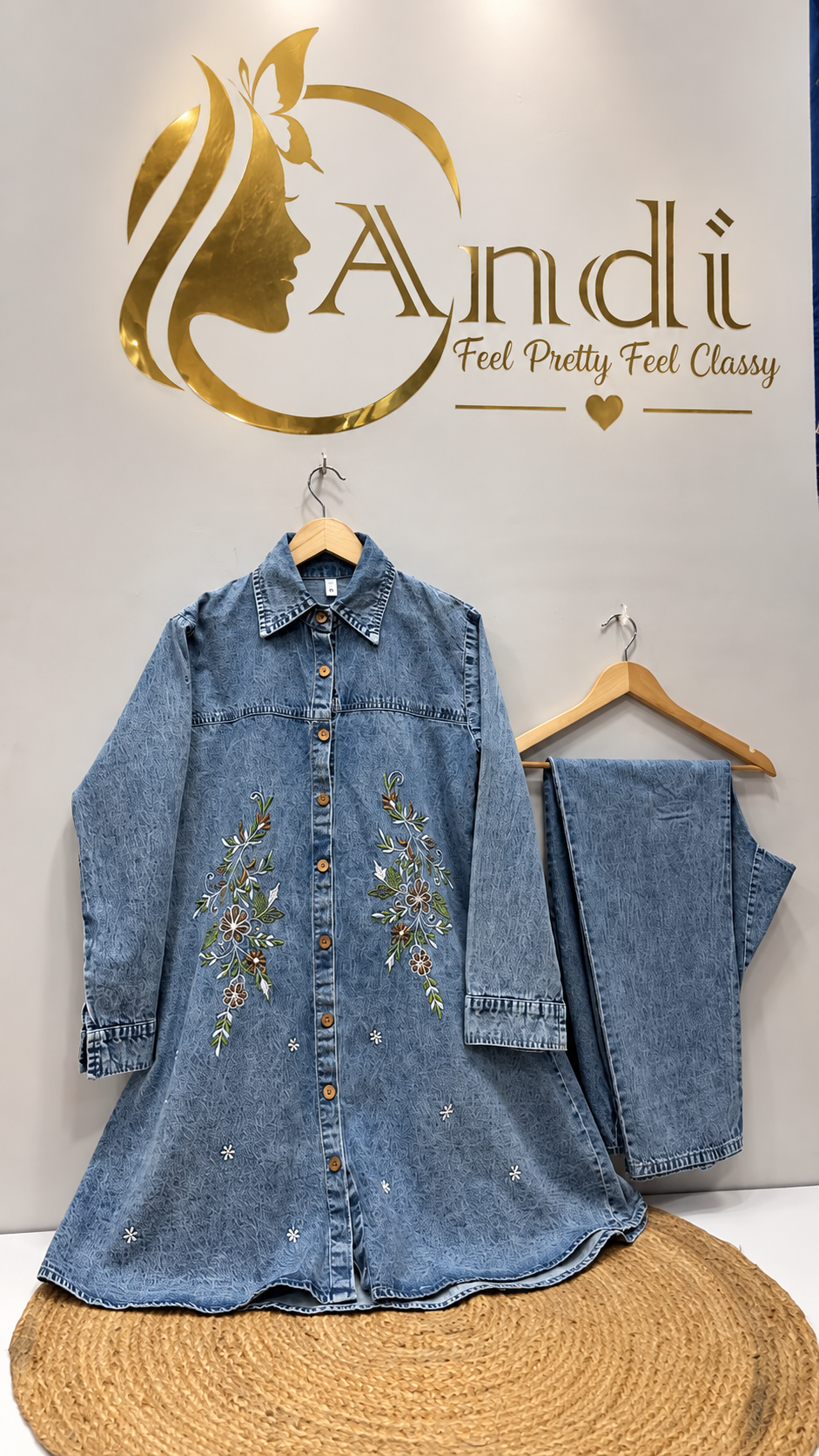 Sky Blue Floral Embroidered Denim Kurti with Pant Set