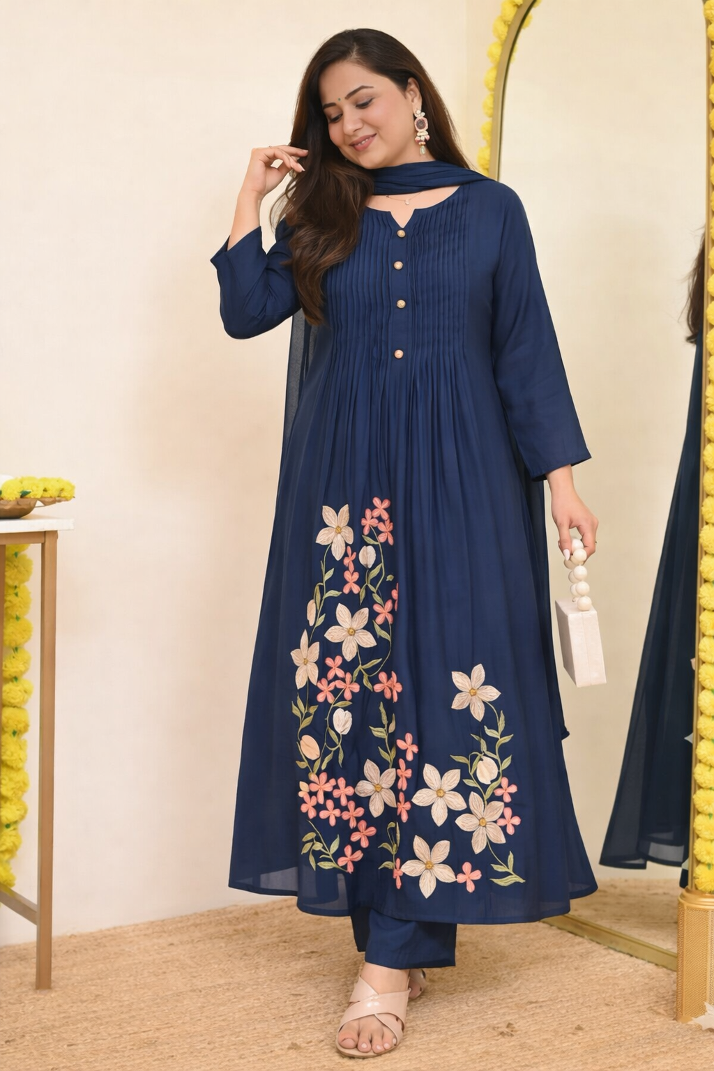 Navy Blue Floral Embroidered Anarkali Kurta Set with Dupatta