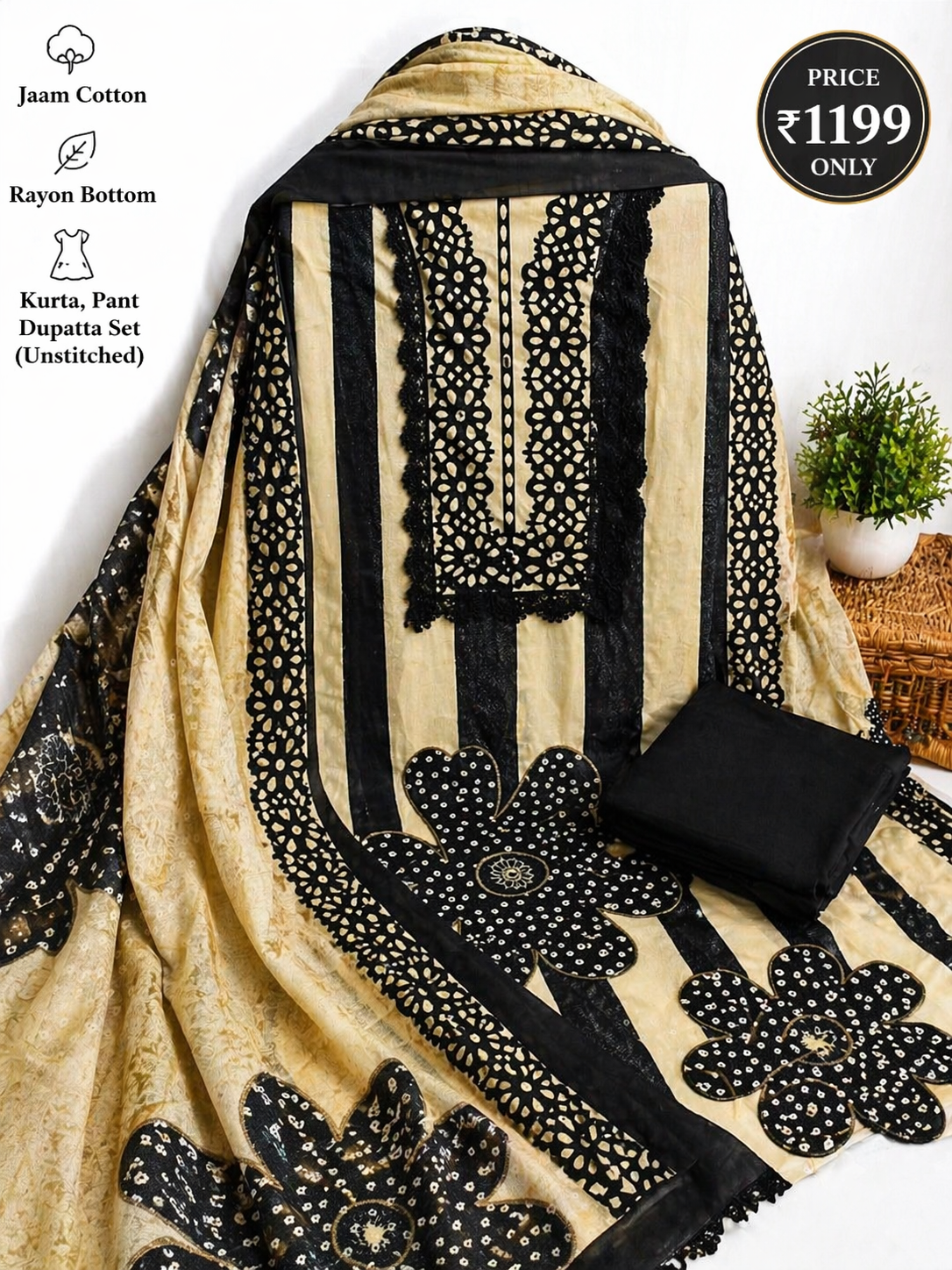 Noir Beige Floral Rayon Cotton Unstitched Suit Set with Dupatta