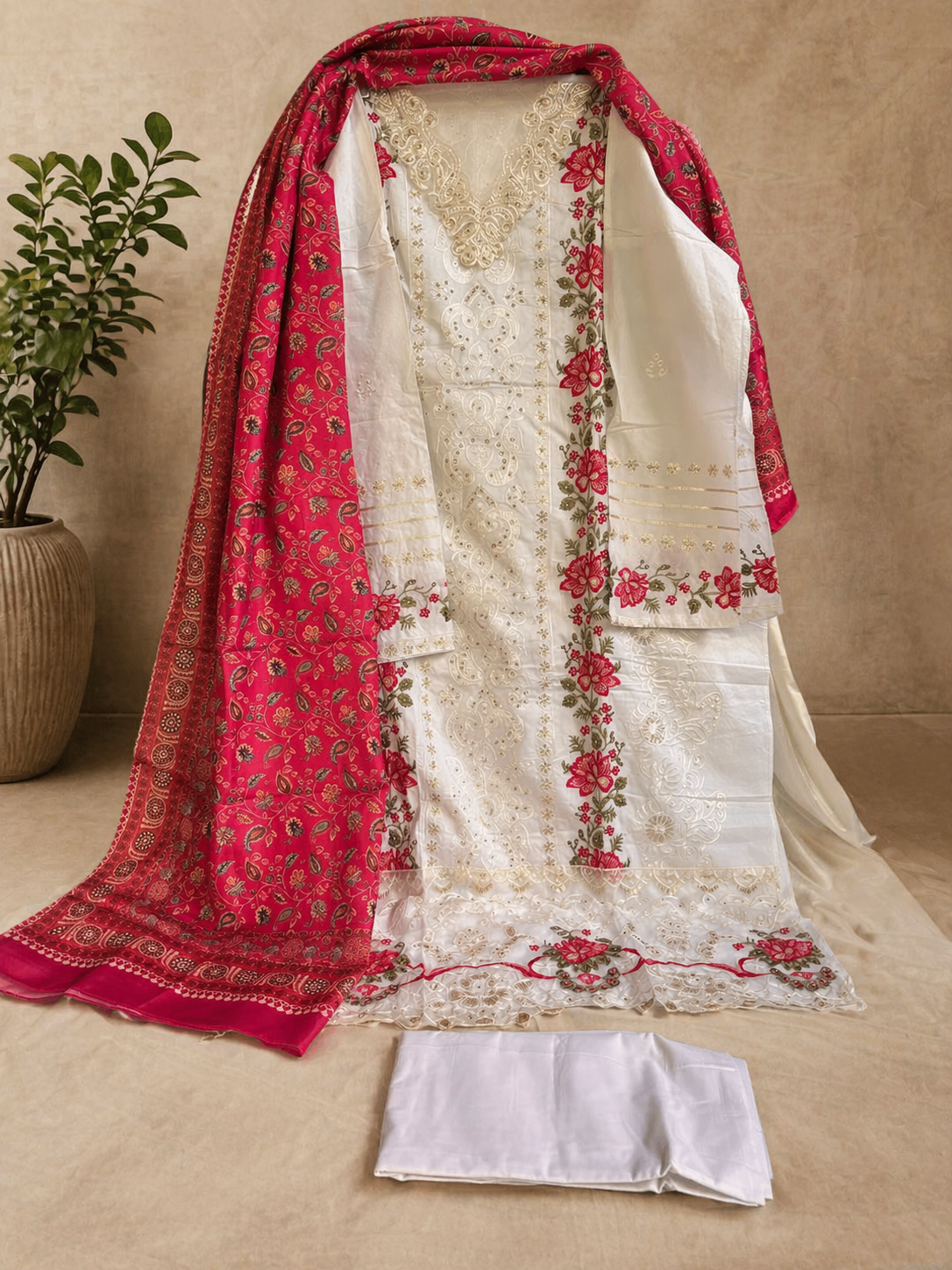 Unstitched White Embroidered Cotton Suit Set