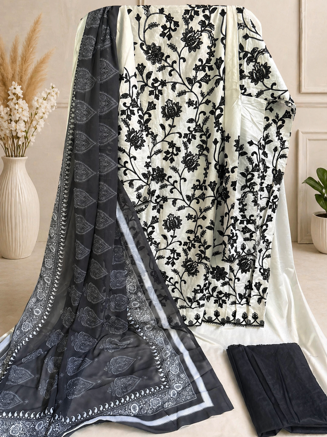 Black White Rayon Cotton Kurta Set with Dupatta